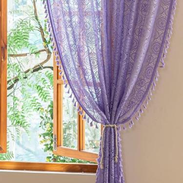 Imagem de Cortinas de renda roxo claro 213 cm de comprimento, 2 painéis, padrão boho, cortinas de janela para sala de estar, sala de jantar, romântica, filtro de luz, cortinas lilás transparentes para quarto de