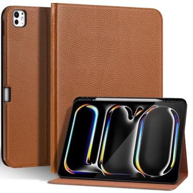 Imagem de Thryxop Capa de couro genuíno para iPad Pro de 13 polegadas (M4) 2024 com suporte para lápis | Capa protetora fina com suporte ajustável, despertar/hibernar automaticamente, couro premium | marrom