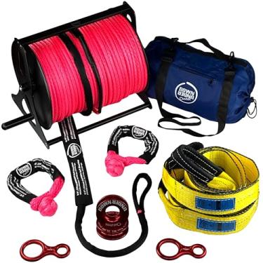Imagem de DOWN UNDER OUTDOORS Kit de recuperação de jogo/tronco/4x4 resistente, arrasto de cervo, corda de guincho de 10,5 kg em carretel de metal, 2 protetores de árvores, 2 manilhas macias, 2 anéis de