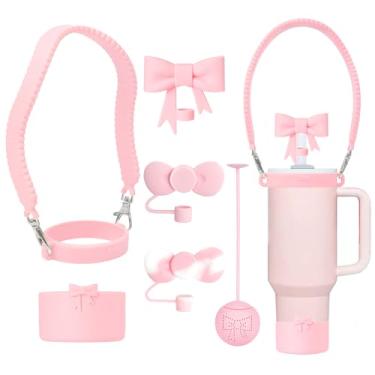 Imagem de SEEZIZI Conjunto de acessórios de laço de silicone Stanley Cup, incluindo alça de alça de garrafa de água, capas de palha fofas reutilizáveis e botas, coador de chá, compatível com Stanley 1,134 g e
