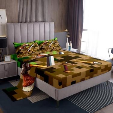 Imagem de Castle Fairy Jogo de lençol solteiro com espada de machado, blocos de camuflagem, 3 peças, para decoração de quarto de crianças, meninas, meninos, adolescentes, lençol com elástico, lençol de cima, 1