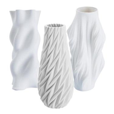 Imagem de Kit Com 3 Vasos Decorativos Cerâmica Branco Para Sala Rafimex