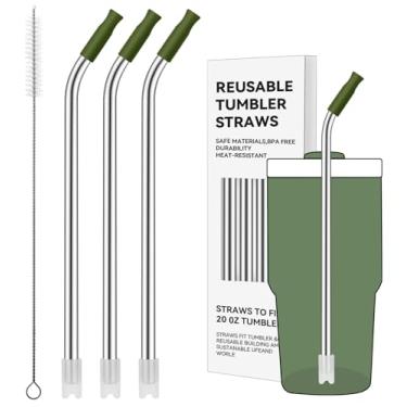 Imagem de Prurex Canudos de metal reutilizáveis com ponta de silicone para Stanley 600 ml, canudos de aço inoxidável para copo de 590 ml, 3 tubos dobrados e 6 pontas e 1 escova Cleanr (pinheiro seco)