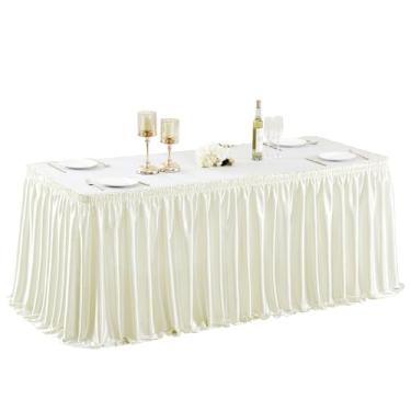 Imagem de Wish Care Saia de mesa de cetim marfim de 1,8 m para mesas retangulares, sem rugas, com glitter, toalha de mesa, plissada, para casamento, aniversário, chá de bebê, festa, banquete, bolo, professor
