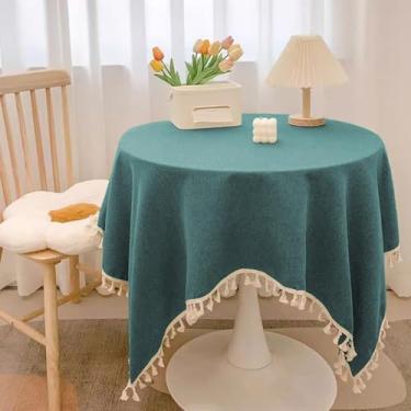 Imagem de KAIJIE Toalha de mesa redonda de algodão e linho com borlas tecido lavável – para mesa de buffet, festas de fim de ano, jantar, casamento e chá de bebê, diâmetro redondo 71"/180 cm azul pavão