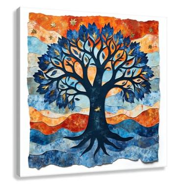 Imagem de Árvore da Vida Arte de Parede Impressão em Tela Harmonia da Vida Decoração Imagens Raízes Espirituais Pintura Azul Laranja Dourado 40x40cmx1