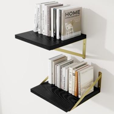 Imagem de Prateleiras de parede profundas 30 cm L x 30 cm P Prateleiras flutuantes de madeira projetada para parede, suporte de metal resistente (ouro) Estantes de livros para decoração de casa, sala de estar