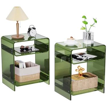 Imagem de Mesa de canto de acrílico com prateleira de armazenamento mesa lateral transparente mesa de cabeceira (verde duplo)