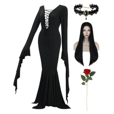 Imagem de Halloween Costumes Morticia Addams Vintage Gothic Black Long Dress Outfit Women Wig Red Roses Flowers Necklace