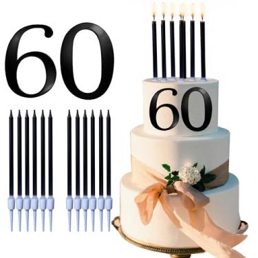 Imagem de Topo de bolo preto de 60 anos - Conjunto de decorações de feliz aniversário de 60 anos com 12 velas metálicas longas e finas para artigos de festa de aniversário de 60 anos