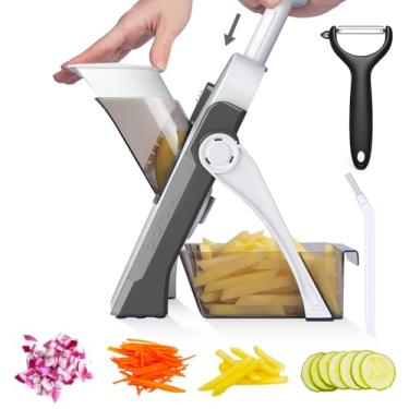Imagem de OYKEFAW Cortador multifuncional de legumes e mandril seguro para cozinha - cortador de batata frita, cortador de frutas, espessura ajustável de 0,1 a 8 mm, fatiadores espiralizadores portáteis (5 em 1