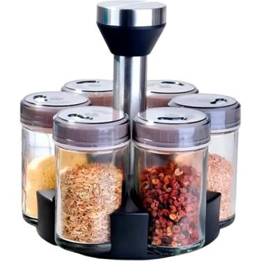 Imagem de Porta Condimentos Giratório 360° – Organizador de Temperos com 6 Potes de Vidro, Base Giratória, Compacto e Elegante para Cozinha, Sal, Pimenta e Ervas