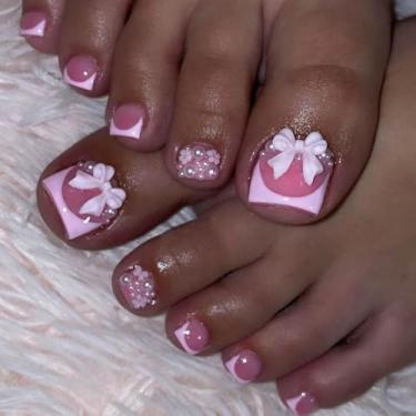 Imagem de Unhas postiças curtas quadradas para o verão, unhas postiças, rosa, ponta francesa, pregas, unhas postiças fofas com laço de flores 3D, desenhos de pérolas, unhas nuas, coladas nas unhas dos pés, 24
