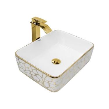 Imagem de Kit Cuba Pia Louça Cerâmica Banheiro C/Torn E Vál Dourad 24 - Smart No