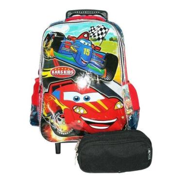 Imagem de Kit Mochila Carros Infantil Escolar Rodinhas Estojo Dl21 - Denlex