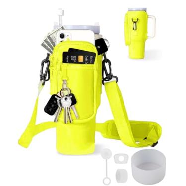 Imagem de TECFUN Bolsa de transporte para garrafa de água com bolso para celular Stanley, bolsa de neoprene com alça ajustável com tampa de canudo e mosquetão para acessórios Stanley Cup (amarelo, 1,134 g)