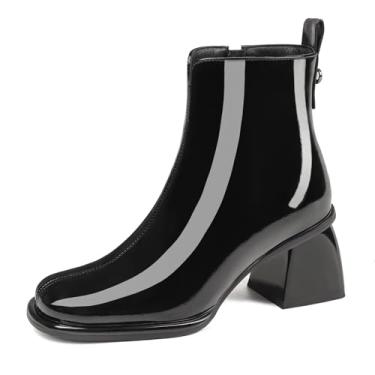 Imagem de YYBYYB Gogo Botas femininas cano curto salto grosso bico redondo Go Go com zíper, Preto, 35