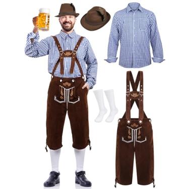 Imagem de SOMSOC Conjunto de fantasia masculina da Oktoberfest da Baviera Alemã Inclui Lederhosen Masculino com Suspensórios, Camisa e Meias e Chapéu, Azul, GG
