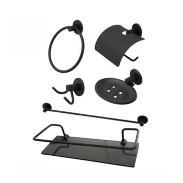Imagem de Kit de Acessórios para Banheiro em Alumínio e Inox, Preto Fosco com Acabamento Eletrostático, Porta Shampoo em Vidro Fumê