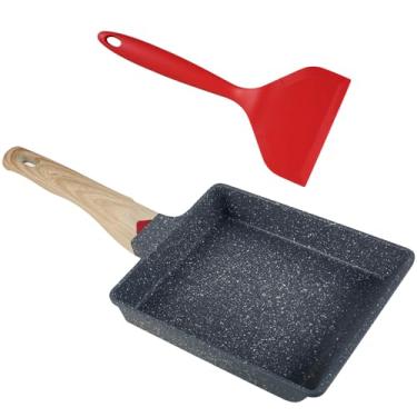 Imagem de LCZNXJJY Frigideira de omelete japonesa Tamagoyaki antiaderente com espátula de cabo de madeira, frigideiras quadradas, omelete, ovo, frigideira, para fazer omeletes, bife frito, panquecas de bacon