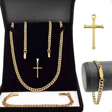 Imagem de Corrente Masculina Grumet Banhada Ouro + Pingente + Pulseira