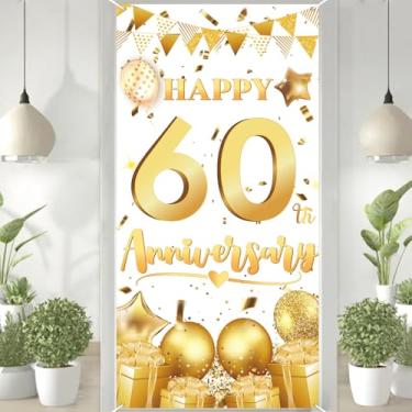 Imagem de Decoração de bandeira de porta feliz aniversário de 60 anos de ouro branco de 9,5 m x 1,8 m, capa de porta feliz para decoração de aniversário ao ar livre.