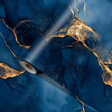 Imagem de HOMETITUTE Papel de parede de mármore dourado azul escuro 39,9 cm x 199,9 cm Papel de contato com linha de energia abstrata autoadesivo removível revestimento de parede de vinil para quarto sala de