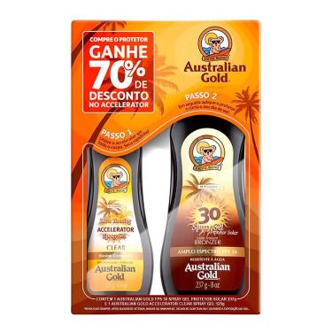 Imagem de Protetor Solar Australian Gold FPS 30 Spray Gel 237ml + Ganhe 70% Desconto no Bronzeador Accelerator Clear Spray 125g
