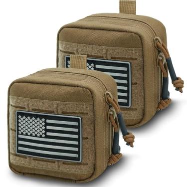 Imagem de Bolsa utilitária Tactical MOLLE Admin com bandeira, corte a laser, bolsa pequena para cinto de ferramentas de 10 x 10 cm, com divisória interna e bolso de vinil removível (pacote com 2 - tan)