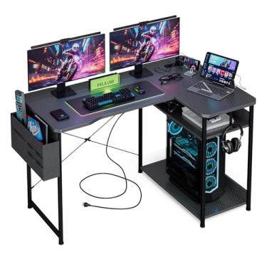 Imagem de Acrolix Mesa de jogos com tomadas, mesas em forma de L de 121 cm com prateleiras reversíveis e bolsa de armazenamento, mesa de canto de computador para jogos e mesa de escritório em casa, preto