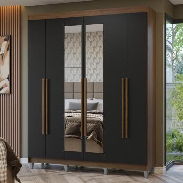 Imagem de Guarda-Roupa Casal com Pés 6 Portas Batentes com Espelho Rustic/Preto/Rustic Netuno Madesa