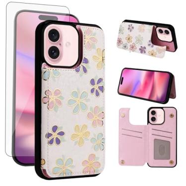 Imagem de Asuwish Capa de celular para iPhone 16 de 6,1 polegadas, carteira com protetor de tela de vidro temperado, flor de luxo, porta-cartão de crédito, suporte para cartão de crédito, suporte para celular i