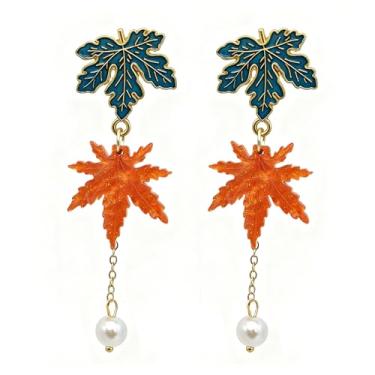 Imagem de Brincos de outono para mulheres, brincos de folha de bordo, pérola e folha de bordo, brincos de outono, joias de férias, presentes de outono de Ação de Graças, Zinco, Sem pedra preciosa