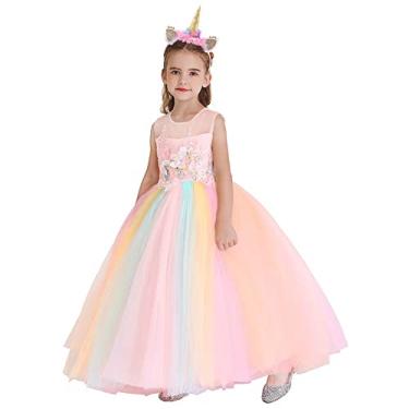 Imagem de FMYFWY Fantasia de unicórnio para meninas, aniversário, concurso, festa, Halloween, Natal, vestido longo de tule com faixa de cabeça rosa arco-íris 10-11 anos