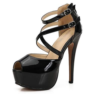 Imagem de Sandália feminina com tira cruzada no tornozelo e plataforma stiletto com zíper, Patente preta, 35