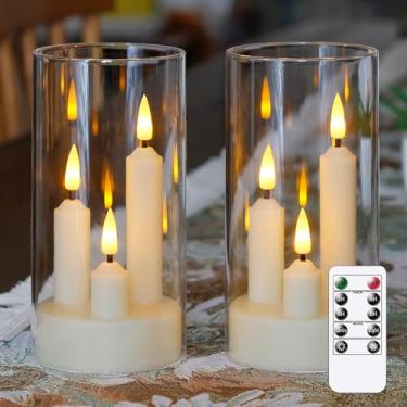 Imagem de Ofurkedle Temporizador LED 2/4/6/8H branco acrílico curto 3 em 1 velas cônicas com controle remoto, pilar de plástico cintilante sem chama, pacote de longa duração com 2 pilhas (luz quente, 7,6 cm x