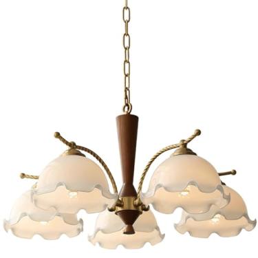 Imagem de Lustre de 3 luzes de meados do século para sala de estar Lustre de vidro leitoso Sputnik Luminária pendente de flor vintage Luminária suspensa de madeira antiga para sala de jantar Cozinha I