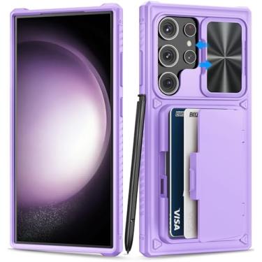 Imagem de BXYJY Capa para Samsung Galaxy S23 Ultra com suporte para cartão (loja de 4 a 5 cartões) e capa de lente deslizante e suporte, proteção contra quedas de nível militar, capa carteira de silicone