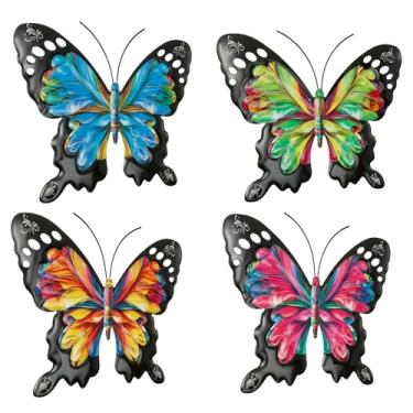 Imagem de 4 peças de arte de parede de metal colorido 3D decoração de parede externa requintada decoração de cerca ao ar livre para quarto, sala de estar, jardim, varanda