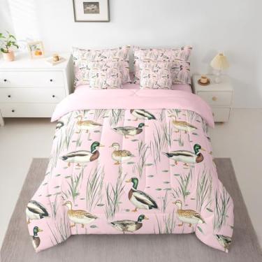 Imagem de Feelyou Jogo de cama Queen fofo de pato selvagem, pato selvagem, 7 peças, para decoração de quarto de crianças, meninos, meninas, verde, rosa, para caça e pesca