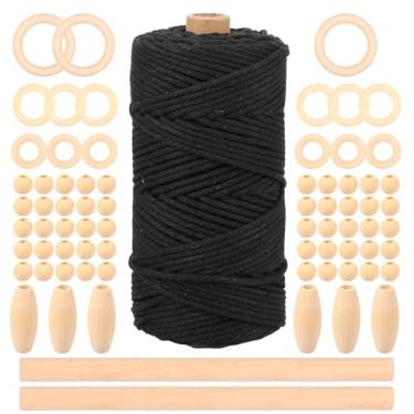 Imagem de Kit de macramê para iniciantes, cordão de algodão natural com contas de madeira, anéis e bastões de madeira, suprimentos de macramê DIY para cabide de plantas de macramê (preto)