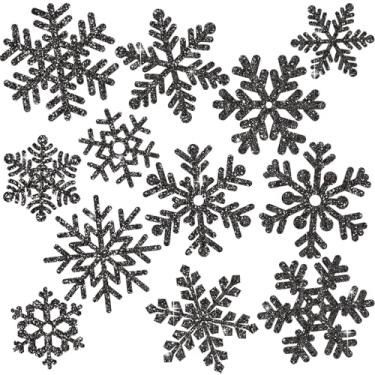 Imagem de Whaline 48 peças de recortes de papel de Natal, recortes de floco de neve pretos com glitter e ponta de cola, para Natal, inverno, país das maravilhas congelado, decoração de casa