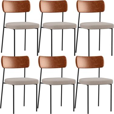 Imagem de Kit 06 Cadeiras Para Sala De Jantar Melina L02 Couríssimo Camel Linho Bege - Lyam Decor