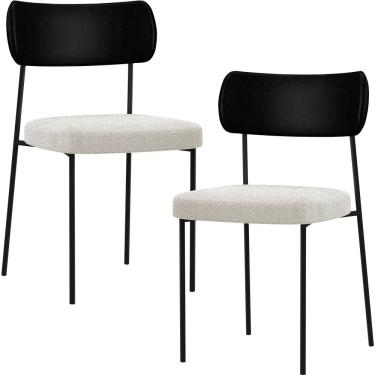 Imagem de Kit 02 Cadeiras Estofadas Para Sala De Jantar Melina L02 Couríssimo Preto Bouclê Creme - Lyam Decor