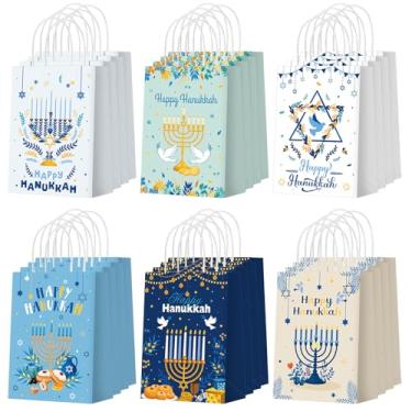 Imagem de Zhanmai 48 peças Happy Hanukkah Party Favor Presentes Presentes Sacos com Alças Papel Castiçal Azul Chanucá Doces Sacos para Aniversário, Hanukkah, Artigos de Festa Festival, Presentes Decoração