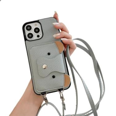 Imagem de Capa de telefone carteira crossbody com cordão para iPhone 14 13 12 Mini 11 Pro XS Max X 8 7 Plus com capa de couro com suporte para cartão, cinza azul, para iPhone 7Plus (8Plus)