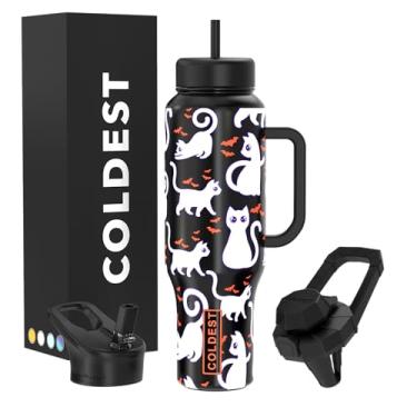 Imagem de Copo Coldest com alça e canudo, copo isolado 100% à prova de vazamento com tampa e canudo (3 tampas), copos de aço inoxidável para mulheres e homens, base compatível com porta-copos, 1,304 g (morcegos