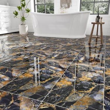 Imagem de Pacote com 30 azulejos de piso à prova d'água, revestimento de vinil de mármore de pedra dourada azul polida, azulejo autoadesivo para banheiro, cozinha, sala de estar, trailer, 30,5 x 30,5 cm