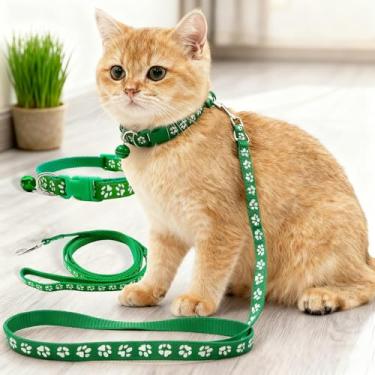 Imagem de Conjunto de coleira e coleira ajustável para animais de estimação com sino para cães e gatos, design de fivela confortável com estampa de pata fofa