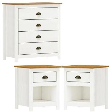 Imagem de Comoda 4 Gav E 02 Mesas De Cabeceira Madeira Maciça Branco Freijo Mila